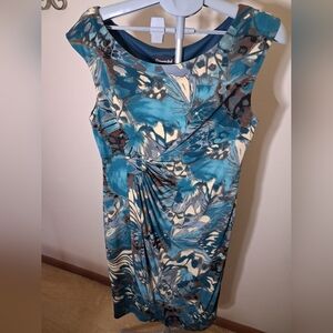Connected Apparel Teal and Cream Abstract Midi Sheath Dress